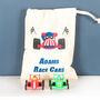 Two Toy Race Cars With Personalised Cotton Bag, thumbnail 1 of 4