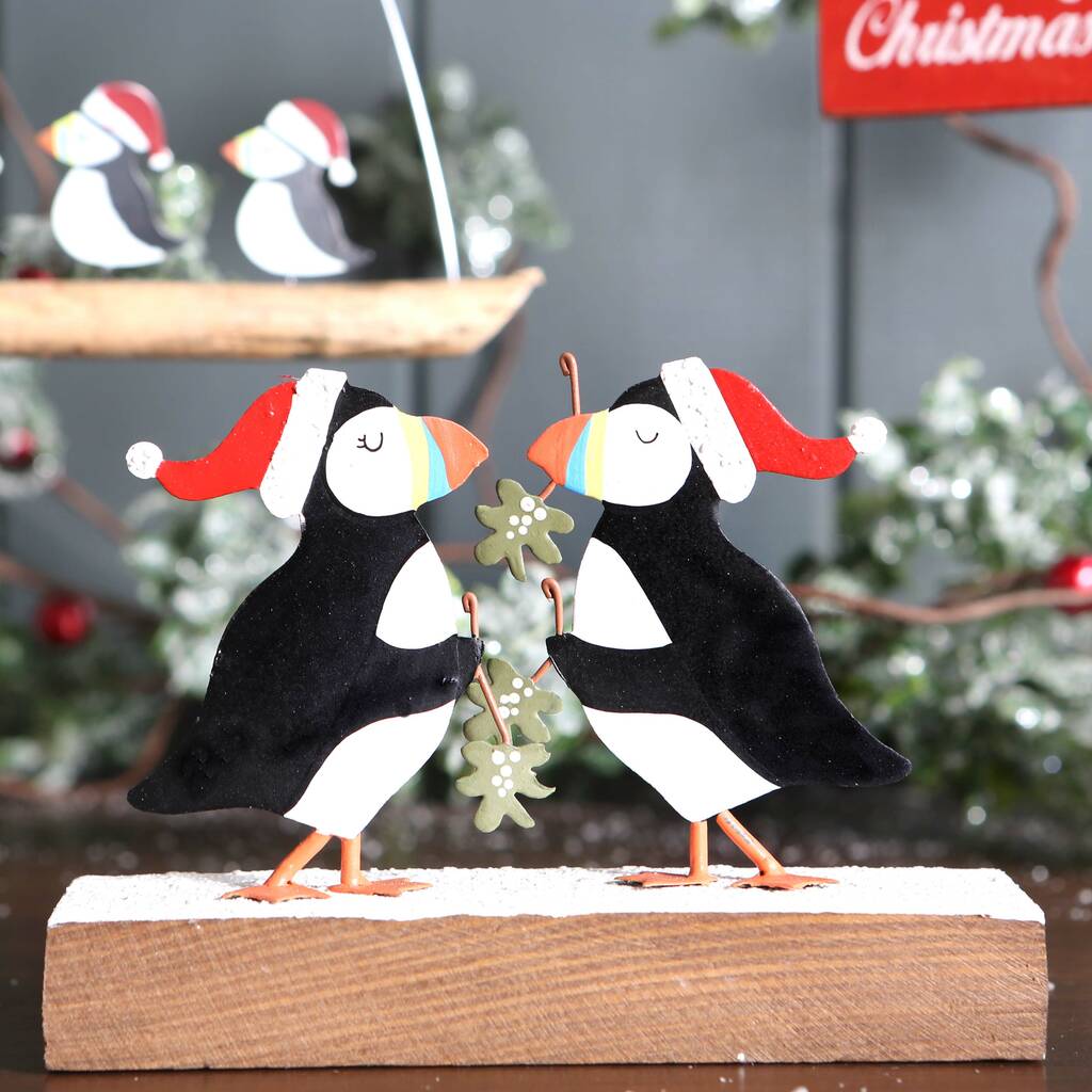 Christmas Puffins With Mistletoe On Block