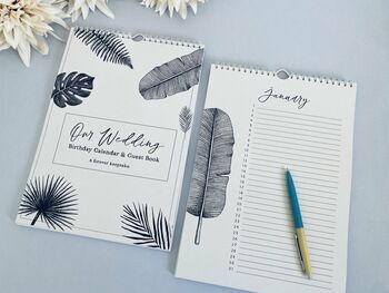 Tropical Leaf Wedding Guest Book Birthday Calendar, 4 of 7