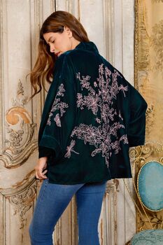 Wild Flowers And Butterflies Teal And Pink Velvet Embroidered Short Kimono, 6 of 10