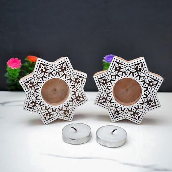 Wooden Star Tea Light Candle Holder, Set Of Two, 2 of 4