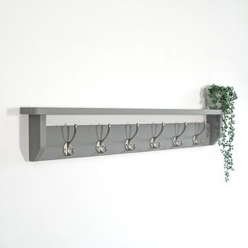 All Grey Coat Rack With Shelf, Shelf 10cm Deep, Shelf With Hooks, Black, Silver, Bronze, Copper, Chrome, Brass Hooks, Painted In F And B No.265, 5 of 7