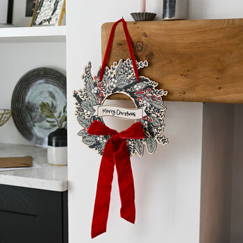 Wooden Christmas Wreath With Velvet Ribbon Decoration, 9 of 11