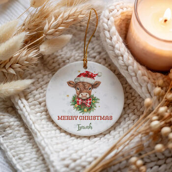 Custom Highland Cow Merry Christmas Ceramic Ornament, 4 of 10