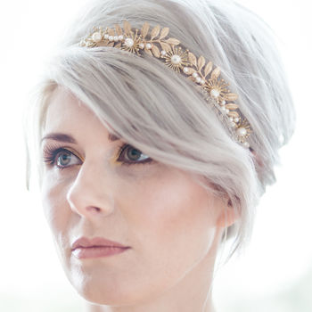Celena Gold Leaf Starburst Pearl Bridal Headpiece, 2 of 4