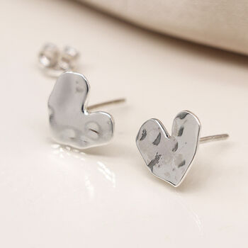 Sterling Silver Hammered Heart Stud Earrings, 2 of 3