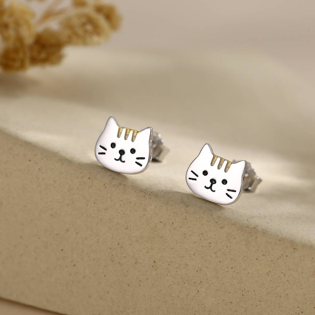 Orange Tabby Cat Stud Earrings In Sterling Silver, 1 of 9
