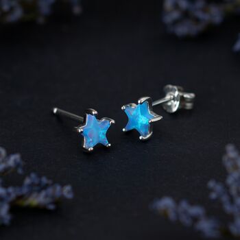 Sterling Silver Blue Opal Star Stud Earrings, 5 of 10