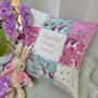 Pink Unicorn Name And Date Cushion, thumbnail 1 of 5