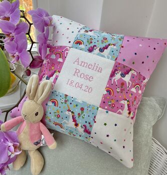 Pink Unicorn Name And Date Cushion, 2 of 9