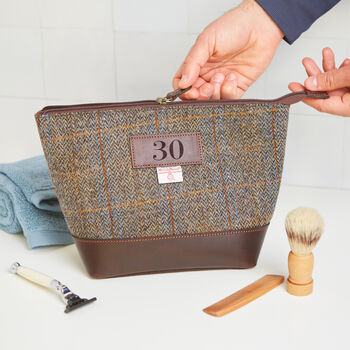 30th Birthday Harris Tweed Wash Bag With Leather Trim, 2 of 7