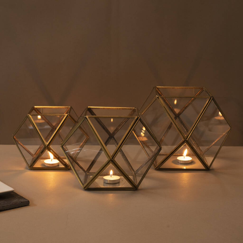 Set Of Three Recycled Metal Hexagon Candle Holders By Mytri Designs
