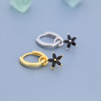 Sterling Silver Black Flower Cz Huggie Hoop, 3 of 11