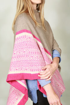 Soft Handmade Fair Isle Knitted Poncho Pink Natural, 3 of 12
