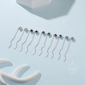 Sapphire Blue Star Bezel Cz Crystal Threader Earrings, 3 of 9
