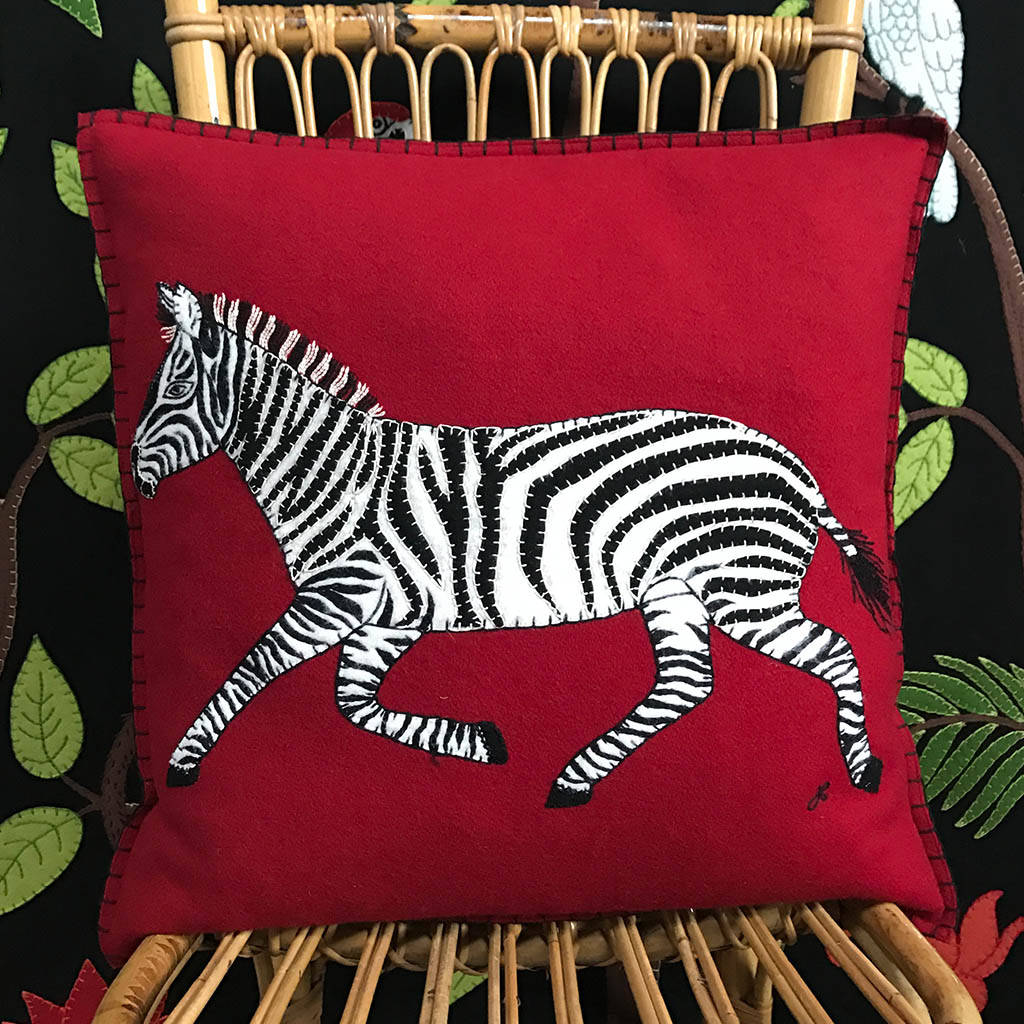 Running Zebra Cushion In Hand Embroidered Red Wool, 1 of 3