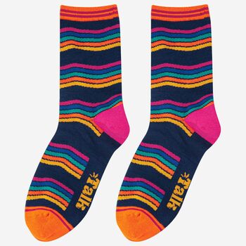 Women's Bamboo Socks Navy Blue Wavy Rainbow Stripe, 2 of 5