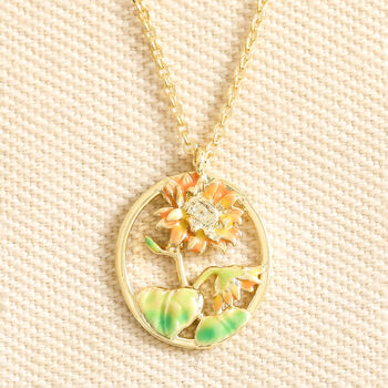 Enamel Birth Flower Outline Pendant Necklace In Gold, 3 of 11