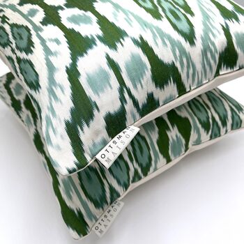 Square Ikat Silk Cushion Forest Green Abstract, 4 of 9