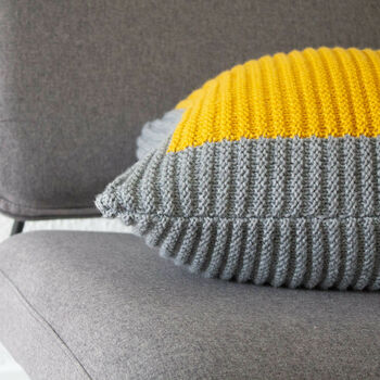 Colour Block Cushion Hand Knit In Grey And Lemon, 3 of 5