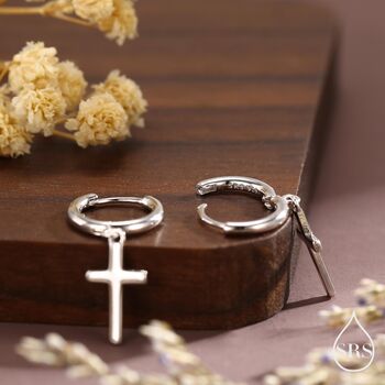 Sterling Silver Minimalist Cross Huggie Hoop Earrings, 6 of 12