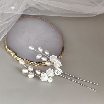 Pearl And Ceramic Flower Bridal Hair Pin, 5 of 12
