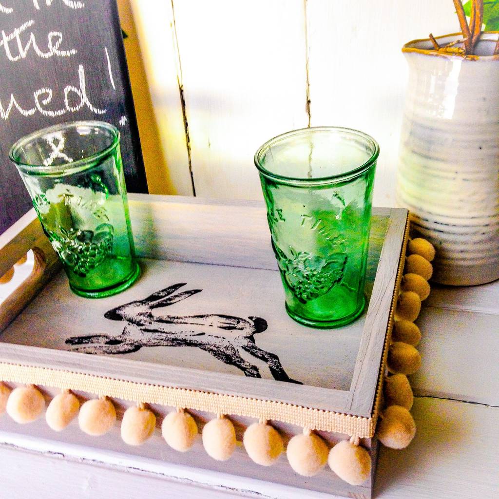 Hare Design Wooden Tray With Pom Pom Trim By Potting Shed 