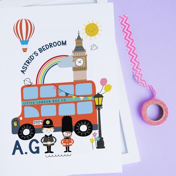 Personalised London Bus And Friends Wall Print | Big Red Bus | Bedroom Art, 3 of 5