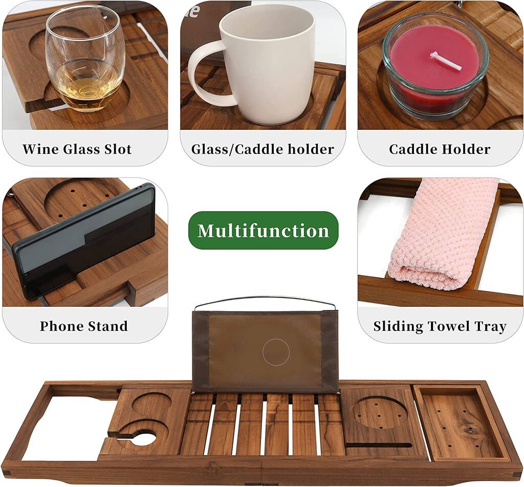 Teak Expandable Bamboo Bath Caddy Tray By Momentum