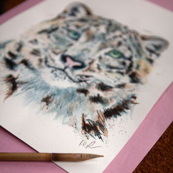 Inky Snow Leopard Original Pen And Ink Illustration Supporting Conservation, 4 of 5