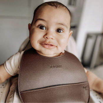 Chocolate Brown Personalised Leather Baby Bib, 3 of 4
