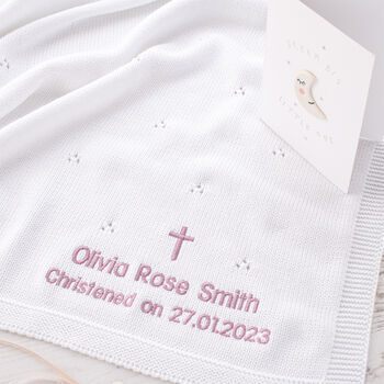 Toffee Moon White Pointelle Christening Baby Blanket, 2 of 12