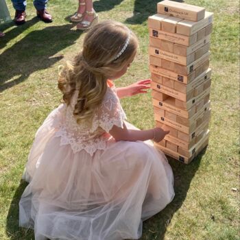 Personalised Giant Tumbling Blocks For Weddings And Events, Large Tumbling Blocks Garden Game, 2 of 5