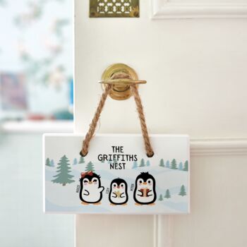 Personalised Hanging Penguin Family Christmas Sign, 2 of 3