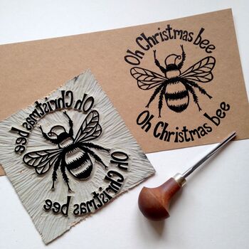 Funny Pun Christmas Card. Oh Christmas Bee. Linocut, 2 of 2