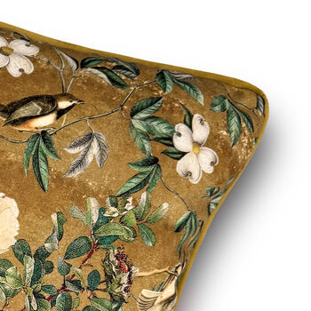 Luxury Super Soft Velvet Cushion Wild Rose Birds Gold Optional Piping, 4 of 8