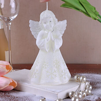 G Decor White Angel Art Candle Hand Finished With Snowflake Dress Decorative Wax Figure Symbol Of Blessings And Good Wishes, 5 of 8