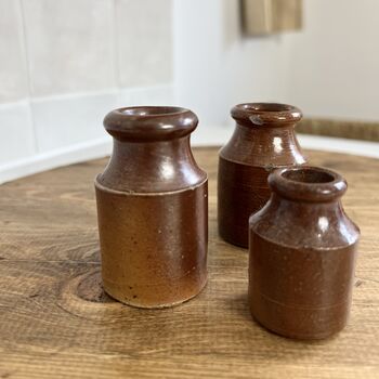 Set Of Three Mini Vintage Brown Stoneware Ink Bottles, 5 of 6