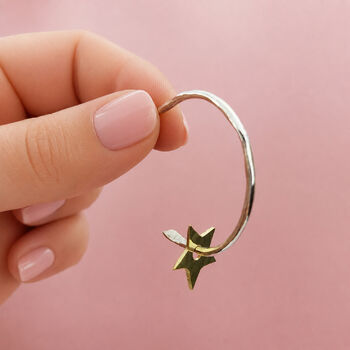 Large Hammered Hoop Earrings With Brass Stars, 4 of 6