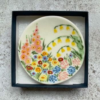 Hollyhocks Handmade Hand Painted Porcelain Trinket Dish, 2 of 3