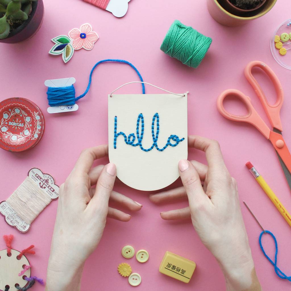 ‘Hello’ Mini Wooden Banner Embroidery Kit, 1 of 8