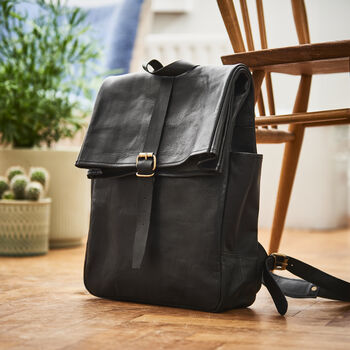 Rolltop Black Leather Backpack, 2 of 4