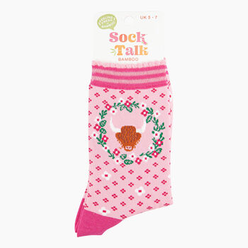 Women's Bamboo Socks Pink Highland Cow Wreath, 4 of 4