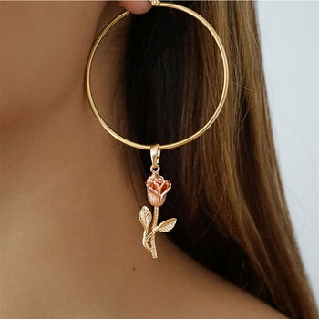 Gold Plated Rose Pendant Hoop Earrings And Necklace Set, 3 of 4