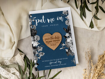 Save The Date Magnet With A Navy Blue Floral Card, 5 of 8