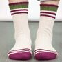 Glitter Mid Calf Ribbed Cotton Socks Varsity Striped Cuff Cream Khaki, thumbnail 2 of 5