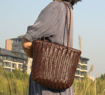 Hand Woven Genuine Leather Shopping Tote Bag, 8 of 12