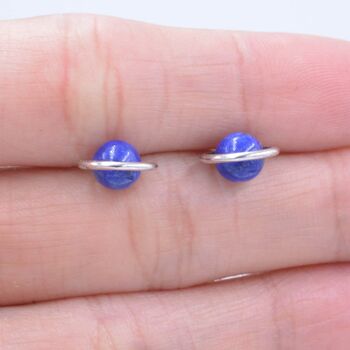 Sterling Silver 'Blue Planet' Saturn Planet Halo Stud Earrings With Lapis Lazuli Gemstone, 5 of 12