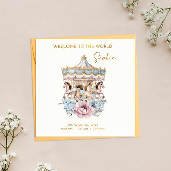 Personalised Carousel New Born Baby Girl Card, 6 of 7