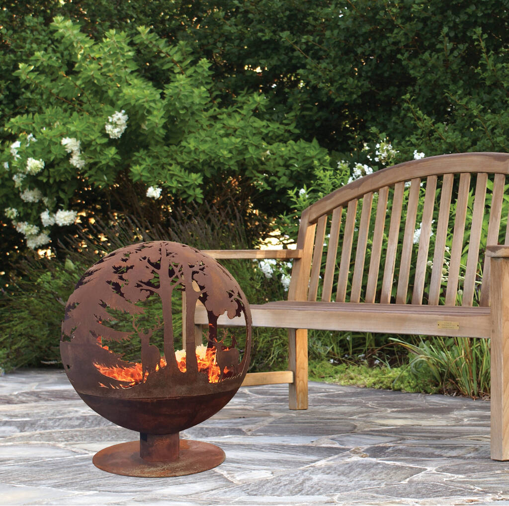 Rusty Metal Deer And Woodland Fire Pit, Globe Shaped Fire Pit With Deer
